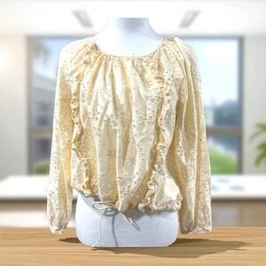 Joie Champagne Eyelet Ruffle Top Medium | 100% Cotton Drawstring‎ Hem
